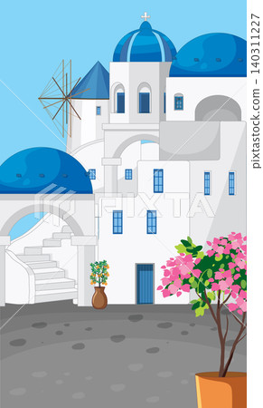 Vector Illustration of Traditional Mediterranean White Buildings with Blue Domes Vector Illustration of Traditional Mediterranean White Buildings with Blue Domes 140311227