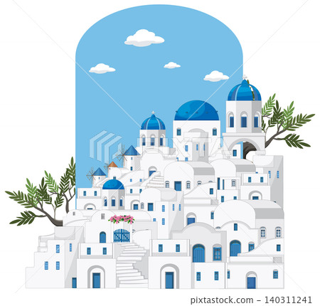 Mediterranean Coastal Village Vector Illustration with Blue Domes and White Houses Mediterranean Coastal Village Vector Illustration with Blue Domes and White Houses 140311241