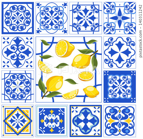 Mediterranean Blue and White Ceramic Tiles with Fresh Yellow Lemons Mediterranean Blue and White Ceramic Tiles with Fresh Yellow Lemons 140311242