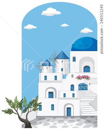 Vector Illustration of a Mediterranean Coastal Town with Windmills and Stairs Vector Illustration of a Mediterranean Coastal Town with Windmills and Stairs 140311245