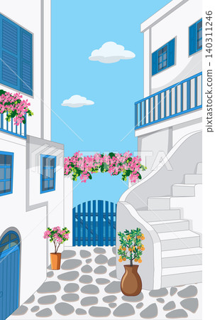Scenic Mediterranean alleyway with white architecture and vibrant blue accents Scenic Mediterranean alleyway with white architecture and vibrant blue accents 140311246