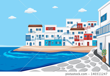 Mediterranean Coastal Village with White Houses and Blue Sea Illustration Mediterranean Coastal Village with White Houses and Blue Sea Illustration 140311247