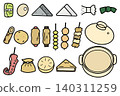 A set of illustrations of oden ingredients and an empty pot. 140311259