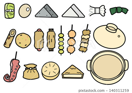 A set of illustrations of oden ingredients and an empty pot. A set of illustrations of oden ingredients and an empty pot. 140311259