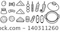 A monochrome line drawing set of oden ingredients and an empty pot. 140311260