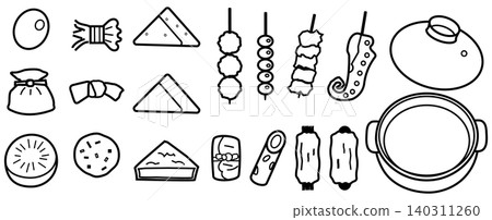 一幅單色線條畫，描繪了關東煮的食材和一個空鍋。 140311260