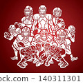 Group of American Football Players Mix Action Cartoon Sport Team Graphic Vector 140311301