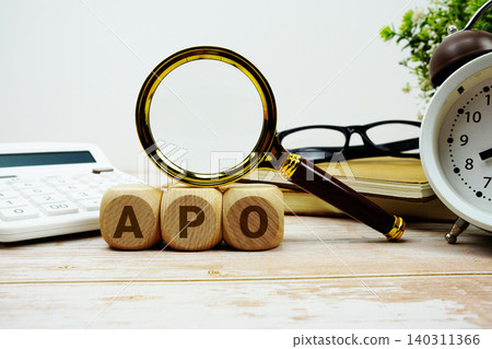 APO Automatic Payment Order alphabet letters with magnifying glass, calculator and alarm clock 140311366