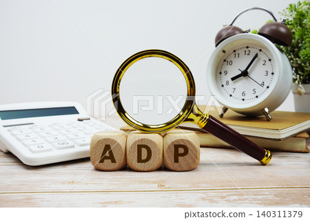 ADP Automatic Data Processing alphabet letters with magnifying glass, calculator and alarm clock ADP Automatic Data Processing alphabet letters with magnifying glass, calculator and alarm clock 140311379