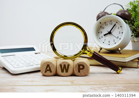 AWP Average Wholesale Price alphabet letters with magnifying glass, calculator and alarm clock AWP Average Wholesale Price alphabet letters with magnifying glass, calculator and alarm clock 140311394