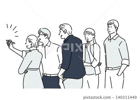 Illustration of business people in an office meeting - a business team standing sideways. Illustration of business people in an office meeting - a business team standing sideways. 140311449