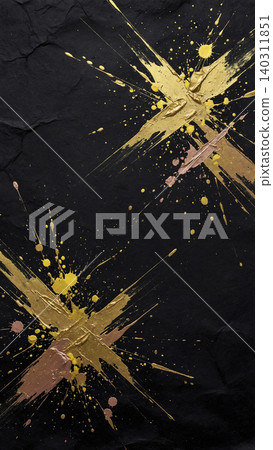 A cool Japanese-style background with bold, intersecting golden brushstrokes on black washi paper. 140311851