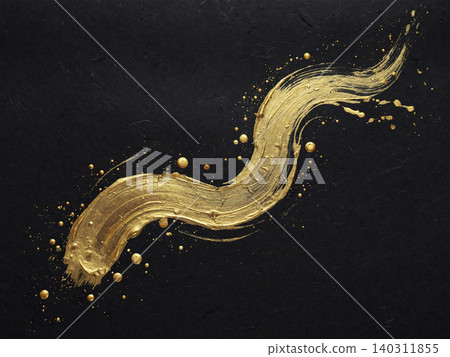 A modern Japanese background featuring elegant yet powerful golden S-shaped calligraphy on black washi paper. 140311855