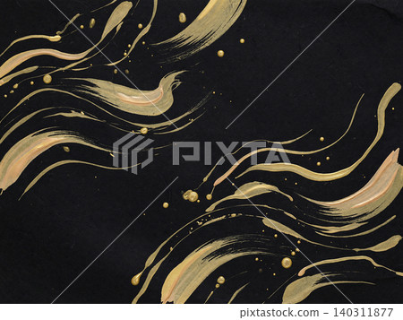 A high-quality Japanese-style material featuring gracefully drawn, gently curving gold brushstrokes on jet-black washi paper. 140311877