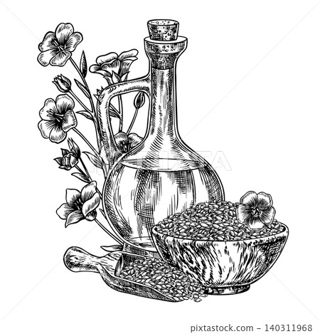 Flaxseed oil. Hand-drawn black and white vector illustration. Beautifully shaped glass bottle with flaxseed oil. Flowers and flax seeds in a cup and a scoop. For label and packaging, posters and more Flaxseed oil. Hand-drawn black and white vector illustration. Beautifully shaped glass bottle with flaxseed oil. Flowers and flax seeds in a cup and a scoop. For label and packaging, posters and more 140311968