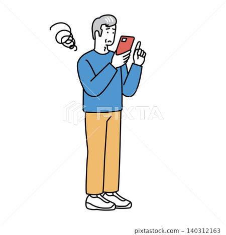 An illustration of a senior man looking confused while using his smartphone; representing digital troubles, operating errors, and worries. An illustration of a senior man looking confused while using his smartphone; representing digital troubles, operating errors, and worries. 140312163