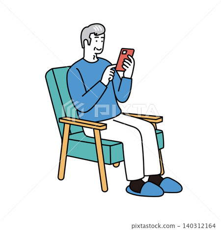 An illustration of a senior man sitting in a chair and using his smartphone. Home, relaxation, digital life. An illustration of a senior man sitting in a chair and using his smartphone. Home, relaxation, digital life. 140312164