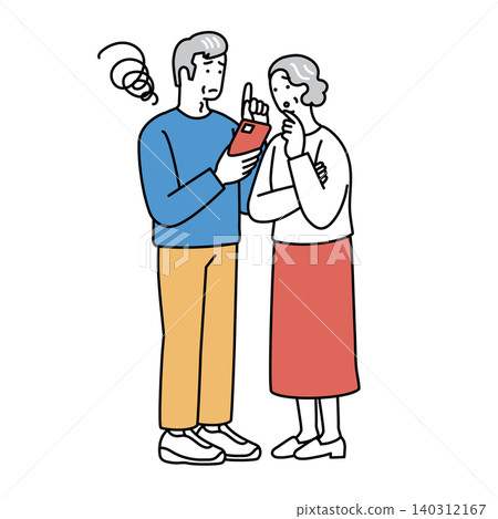An illustration of a senior man and woman struggling with smartphone operation; digital troubles, couples, worries. An illustration of a senior man and woman struggling with smartphone operation; digital troubles, couples, worries. 140312167