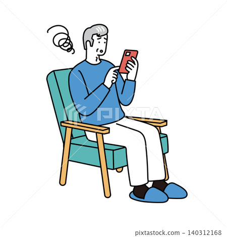 一幅插圖，描繪了一位坐在椅子上的老人，他正對著智慧型手機一臉困惑。 （相關主題：家庭、電子產品問題、焦慮） 140312168