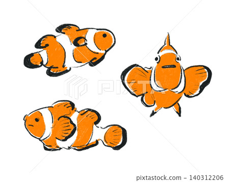 一組三幅手繪風格的小丑魚插圖。 140312206