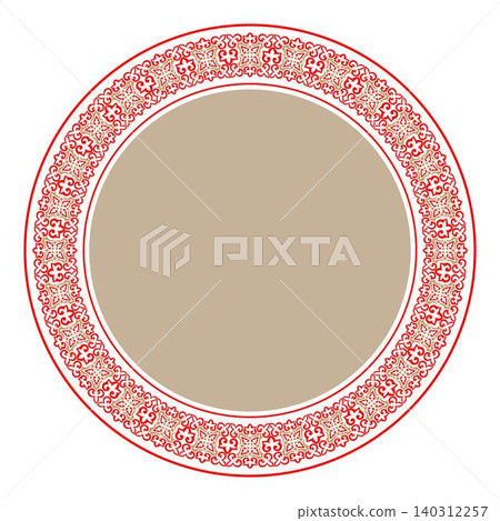 Oriental golden red round frame with arabesques, floral pattern. Traditional round Turkic ornament. Oriental round pattern. For ceramic, porcelain, embroidery, plate. Islam, Indian, Ottoman motif. Oriental golden red round frame with arabesques, floral pattern. Traditional round Turkic ornament. Oriental round pattern. For ceramic, porcelain, embroidery, plate. Islam, Indian, Ottoman motif. 140312257