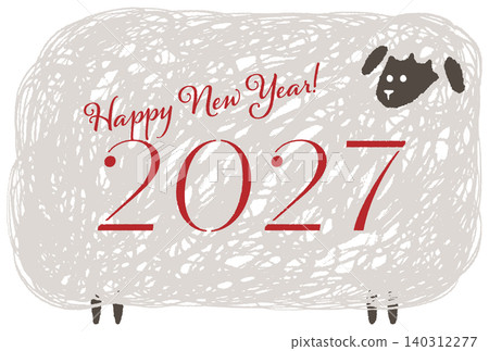 2027羊年可愛又輕鬆的綿羊主題新年卡片設計。 140312277