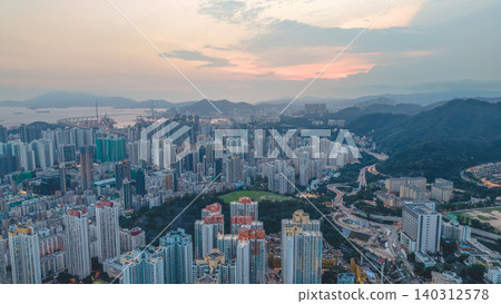 May 29 2022 A Kowloon West skyline at sunset 140312578
