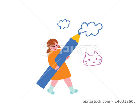 一幅女孩用色鉛筆畫畫的插圖。 一幅女孩用色鉛筆畫畫的插圖。 140312603