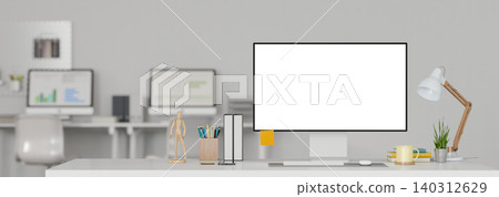 Modern minimalist office with Empty screen computer with office supply creative desk 3D rendering Modern minimalist office with Empty screen computer with office supply creative desk 3D rendering 140312629