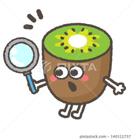 A cute green kiwi character being observed with a magnifying glass. A cute green kiwi character being observed with a magnifying glass. 140312737