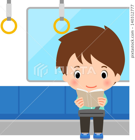 A young man sitting on a train seat reading a book. A young man sitting on a train seat reading a book. 140312777