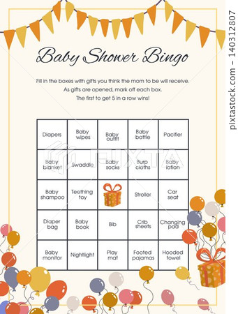 Printable baby shower bingo game card with balloons and gift boxes. Fun activity template for baby party. 140312807