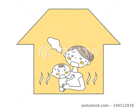 一幅黑白插圖，描繪了一位母親和嬰兒因高溫而痛苦不堪的情景。 140312838
