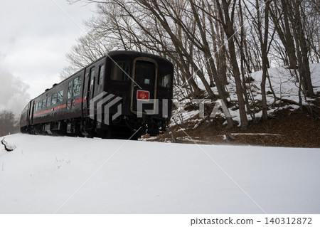 強大的 SL 冬季沼澤列車行駛在釧路沼澤白雪皚皚的平原上。 強大的 SL 冬季沼澤列車行駛在釧路沼澤白雪皚皚的平原上。 140312872