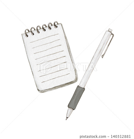 Pen and notepad, writing instruments, stationery, watercolor, illustration Pen and notepad, writing instruments, stationery, watercolor, illustration 140312881