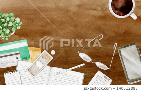 Household budget and finances: Managing money at a desk. Background: Watercolor illustration. Household budget and finances: Managing money at a desk. Background: Watercolor illustration. 140312885