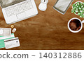 Household budget and finances: Managing money at a desk. Background: Watercolor illustration. 140312886