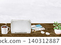Household budget and finances: Managing money at a desk. Background: Watercolor illustration. 140312887