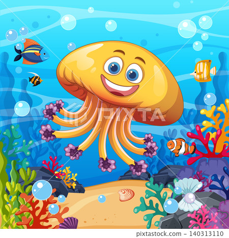 Cartoon Jellyfish Swimming in Colorful Coral Reef Underwater Scene Cartoon Jellyfish Swimming in Colorful Coral Reef Underwater Scene 140313110