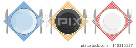 Three Place Settings with Colorful Plates and Napkins Three Place Settings with Colorful Plates and Napkins 140313137