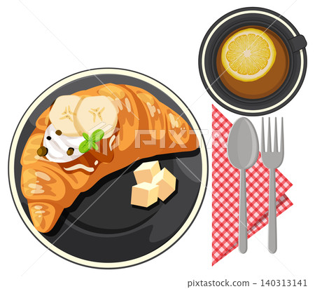 Croissant with Banana and Tea Breakfast Illustration 140313141
