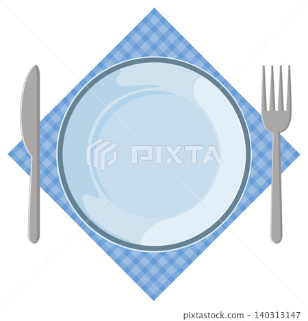 Empty Plate with Cutlery on Blue Checkered Napkin Empty Plate with Cutlery on Blue Checkered Napkin 140313147