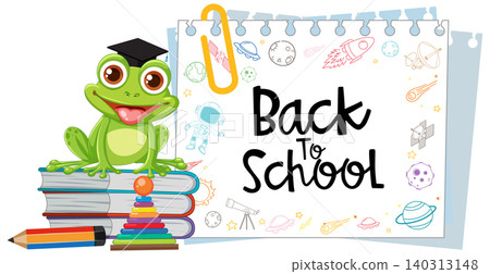 Cute Cartoon Frog on Books with Back to School Notepad Message Cute Cartoon Frog on Books with Back to School Notepad Message 140313148