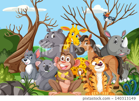 Group of Cartoon Jungle Animals in Forest Setting 140313149