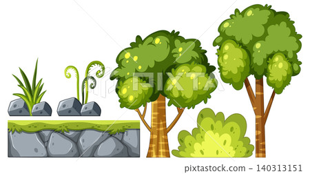 Cartoon Forest Trees, Bushes, and Rocks Vector Illustration Cartoon Forest Trees, Bushes, and Rocks Vector Illustration 140313151