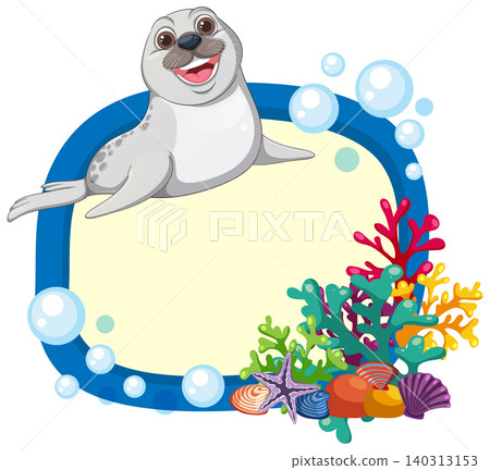 Happy Cartoon Seal with Underwater Coral Reef Border and Copy Space Happy Cartoon Seal with Underwater Coral Reef Border and Copy Space 140313153
