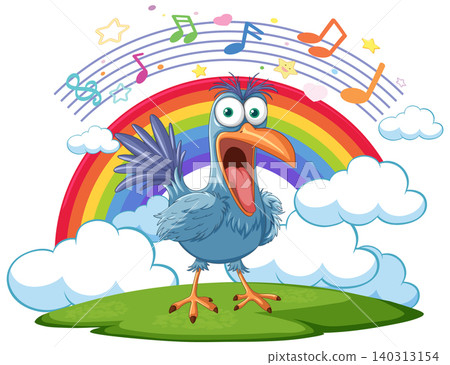 Funny Blue Cartoon Bird Singing Under a Colorful Rainbow Funny Blue Cartoon Bird Singing Under a Colorful Rainbow 140313154