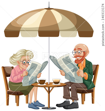 Elderly Couple Reading Newspapers at Outdoor cafe Table 140313174