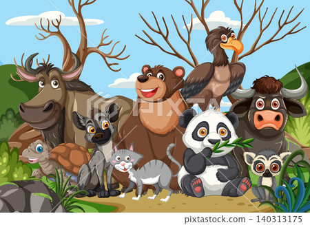 Cartoon Wild Animals Grouped in Forest Landscape Illustration 140313175