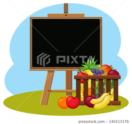 Blank Blackboard with Fruit Basket on Grass Background 140313176